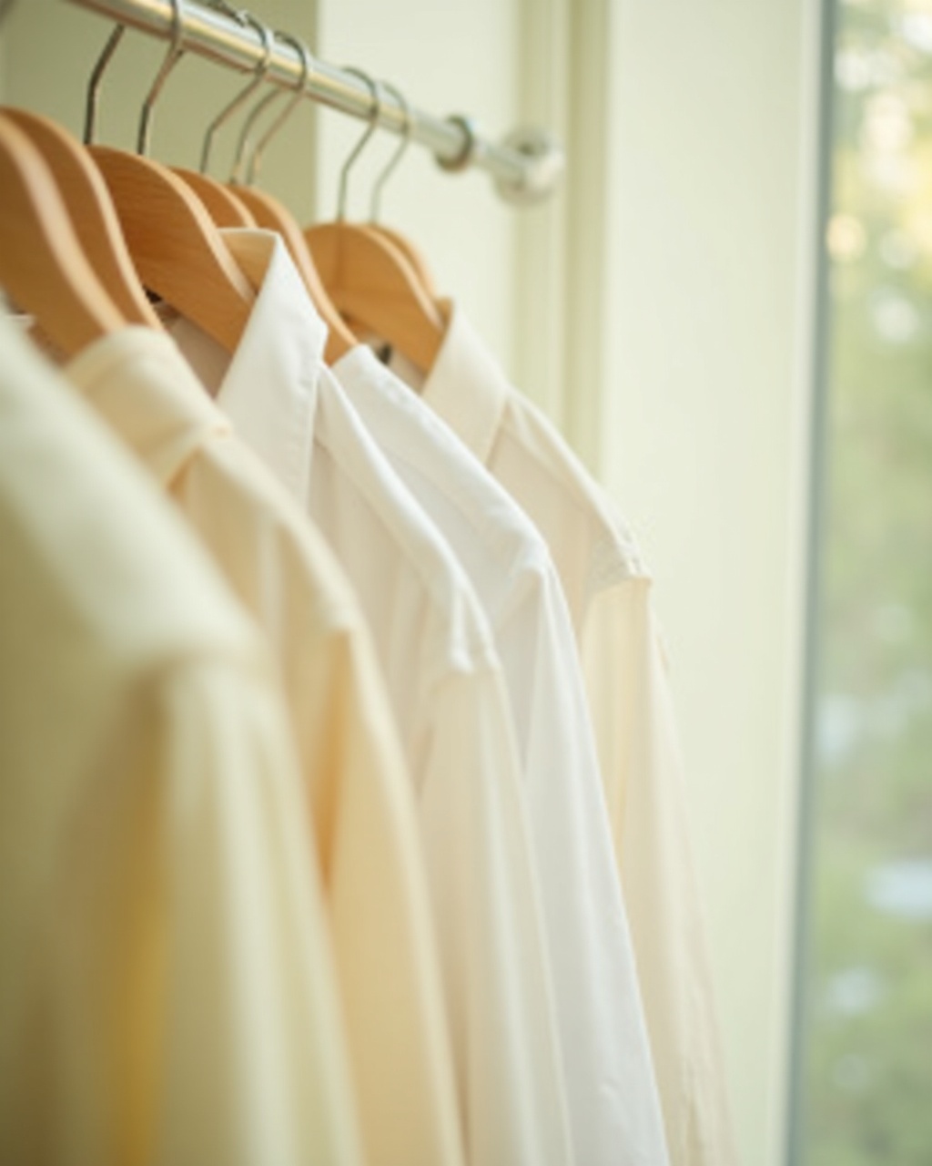 Freshly dry-cleaned white shirts on wooden hangers by a sunlit window at Champs Cleaners
